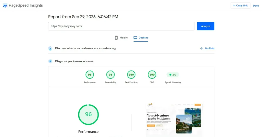 PageSpeed Insights desktop report for kiyulodyssey.com: Performance 96, Accessibility 96, Best Practices 100, SEO 100, Agentic Browsing 2/2