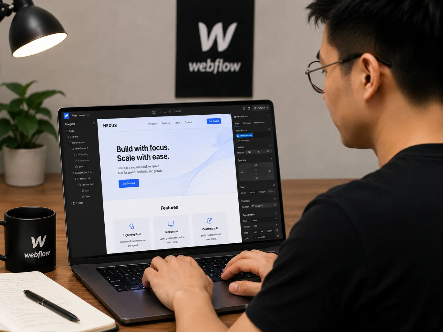 Webflow development retainer: a developer building a site in the Webflow Designer