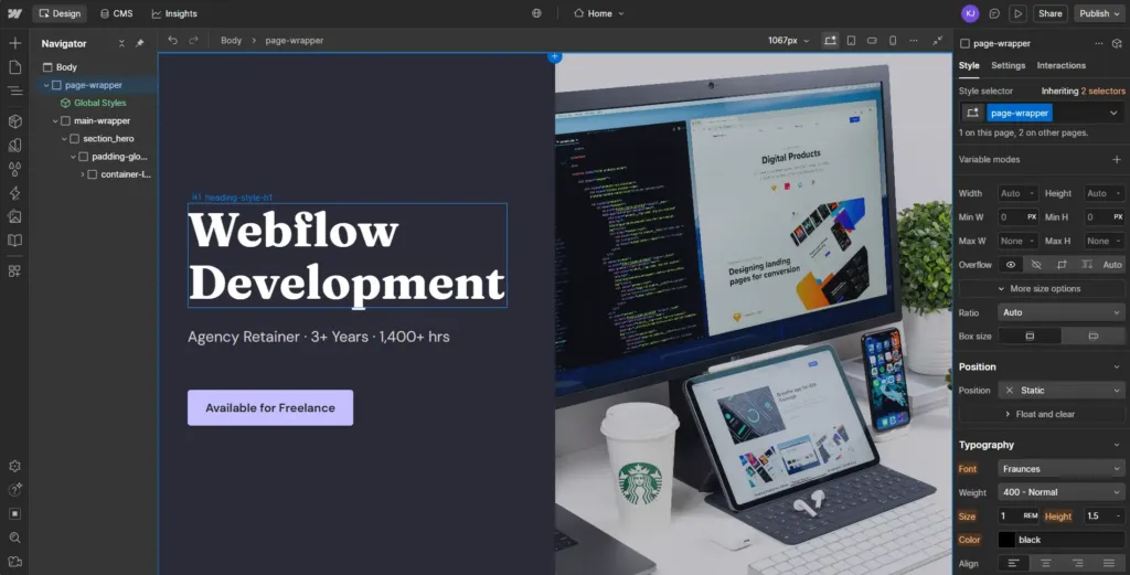 Webflow Designer showing a page built with Client-First classes: page-wrapper, main-wrapper, section_hero, padding-global